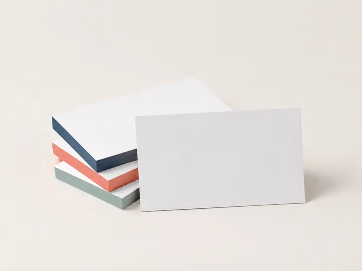 Premium blank business cards with navy, coral and teal edges