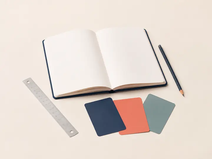 Open sketchbook, pencil, ruler and color swatches