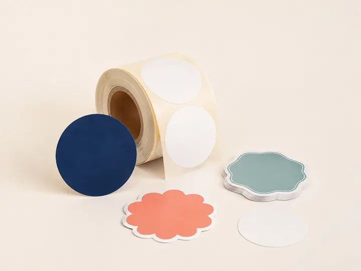 Roll of round labels with assorted die-cut stickers