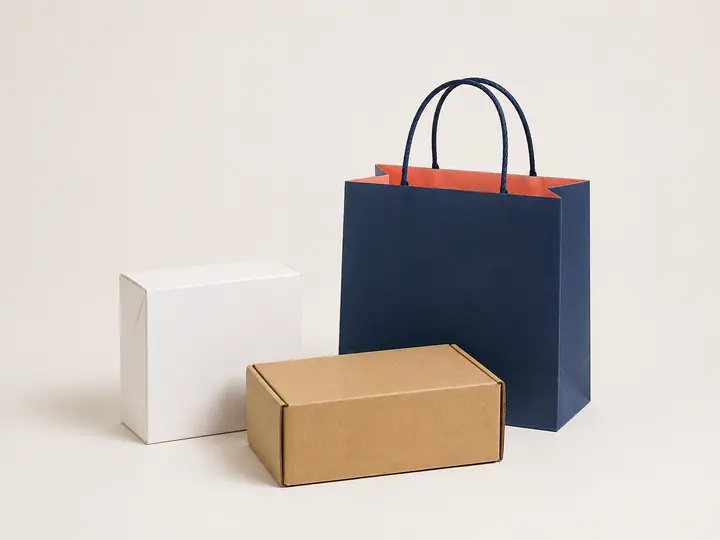 Kraft mailer box, white product box and navy paper bag