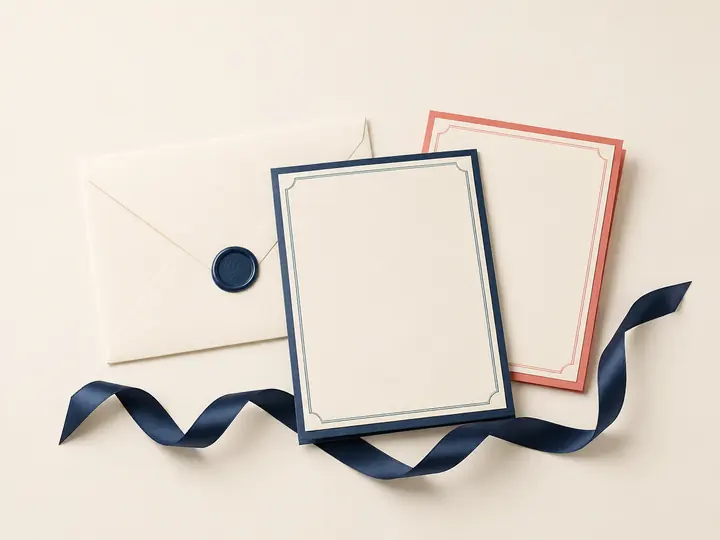 Ivory wedding stationery with envelopes and navy ribbon