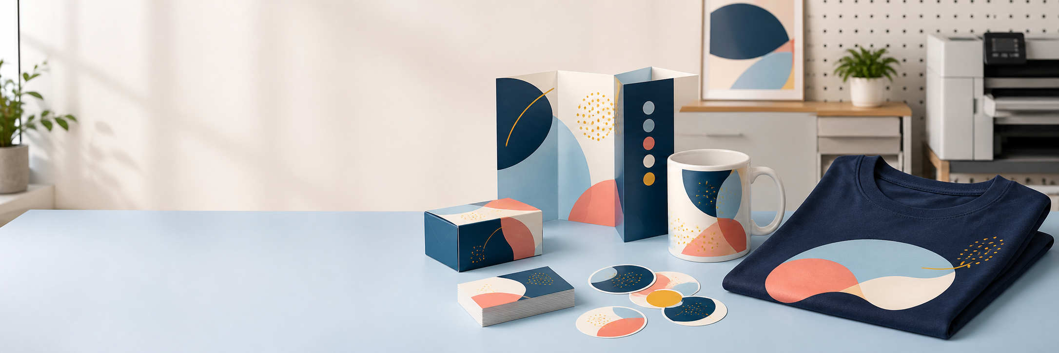 A coordinated collection of custom print products in a modern print studio.