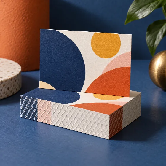 Colorful geometric business cards stacked on a studio backdrop