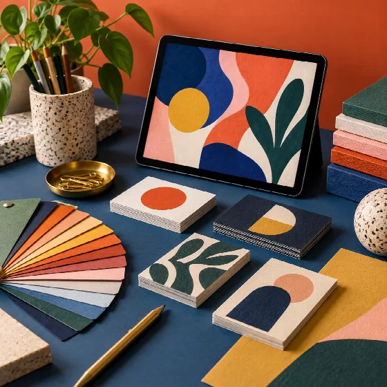 Creative design workspace with printed samples and color swatches