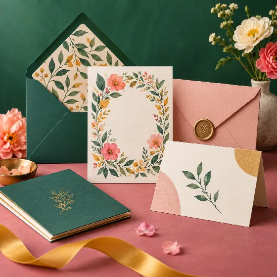 Colorful invitation cards and matching envelopes