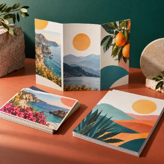 Coordinated colorful brochures, postcards and flyers