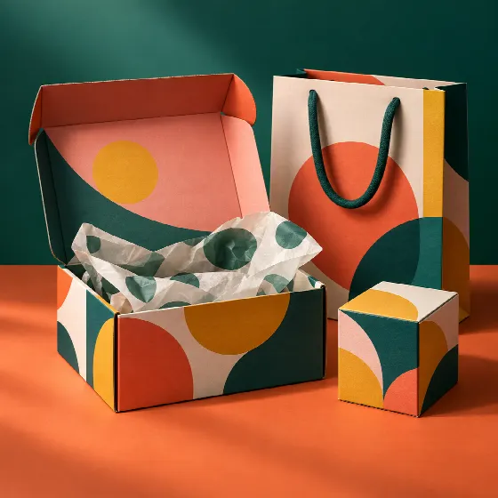 Colorful printed mailer box, bag and product packaging