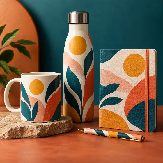 Coordinated printed mug, bottle, notebook and pen