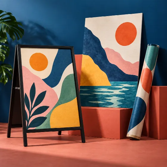 Vibrant printed sidewalk sign and posters