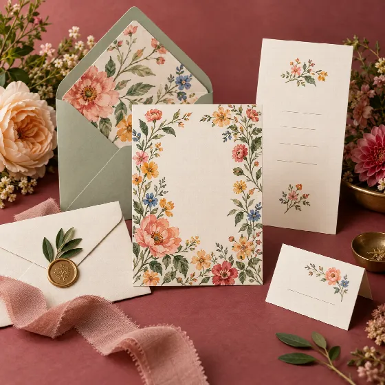 Wedding invitation suite with floral print details