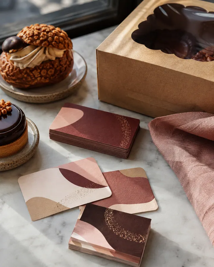 Burgundy and blush business cards beside pastries and a bakery box