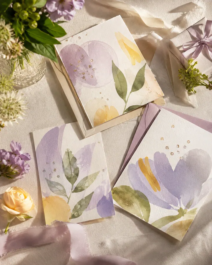 Watercolor botanical postcards arranged with flowers and ribbon