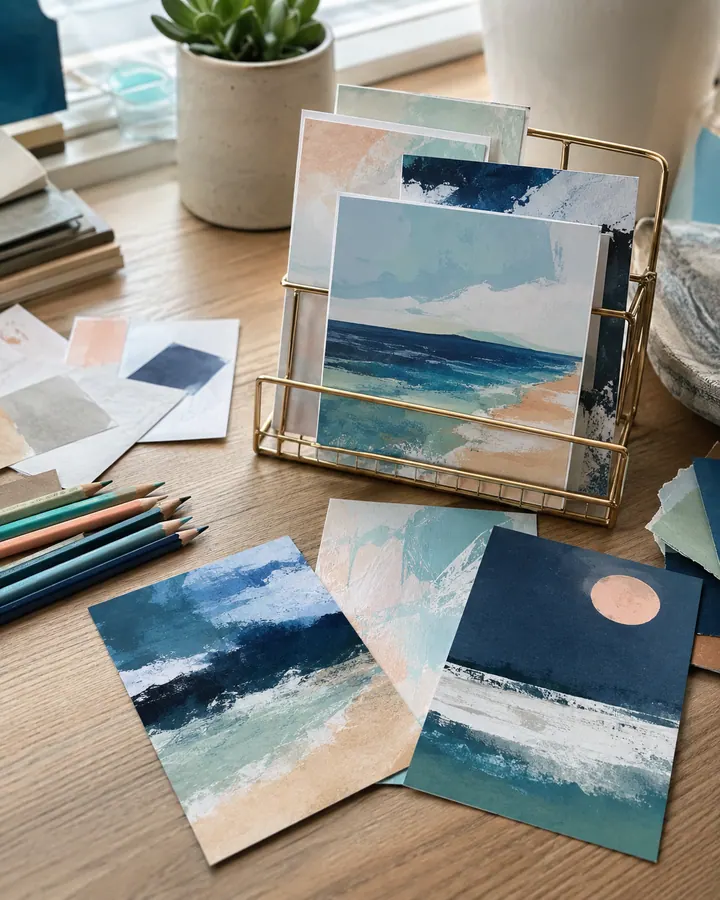 Coastal art postcards displayed on a creative studio desk