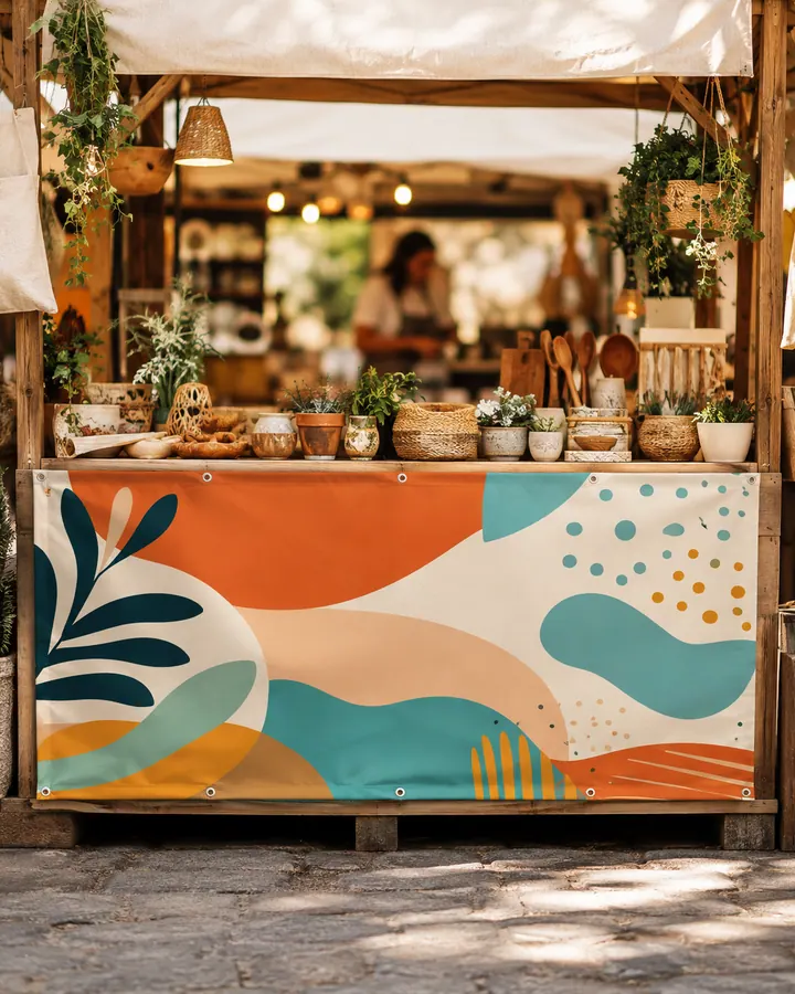 Colorful abstract vinyl banner on an outdoor craft market stall