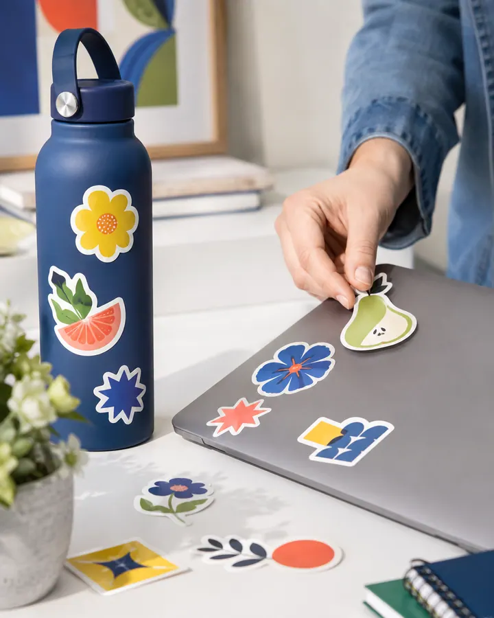 Colorful die-cut stickers on a laptop and reusable bottle