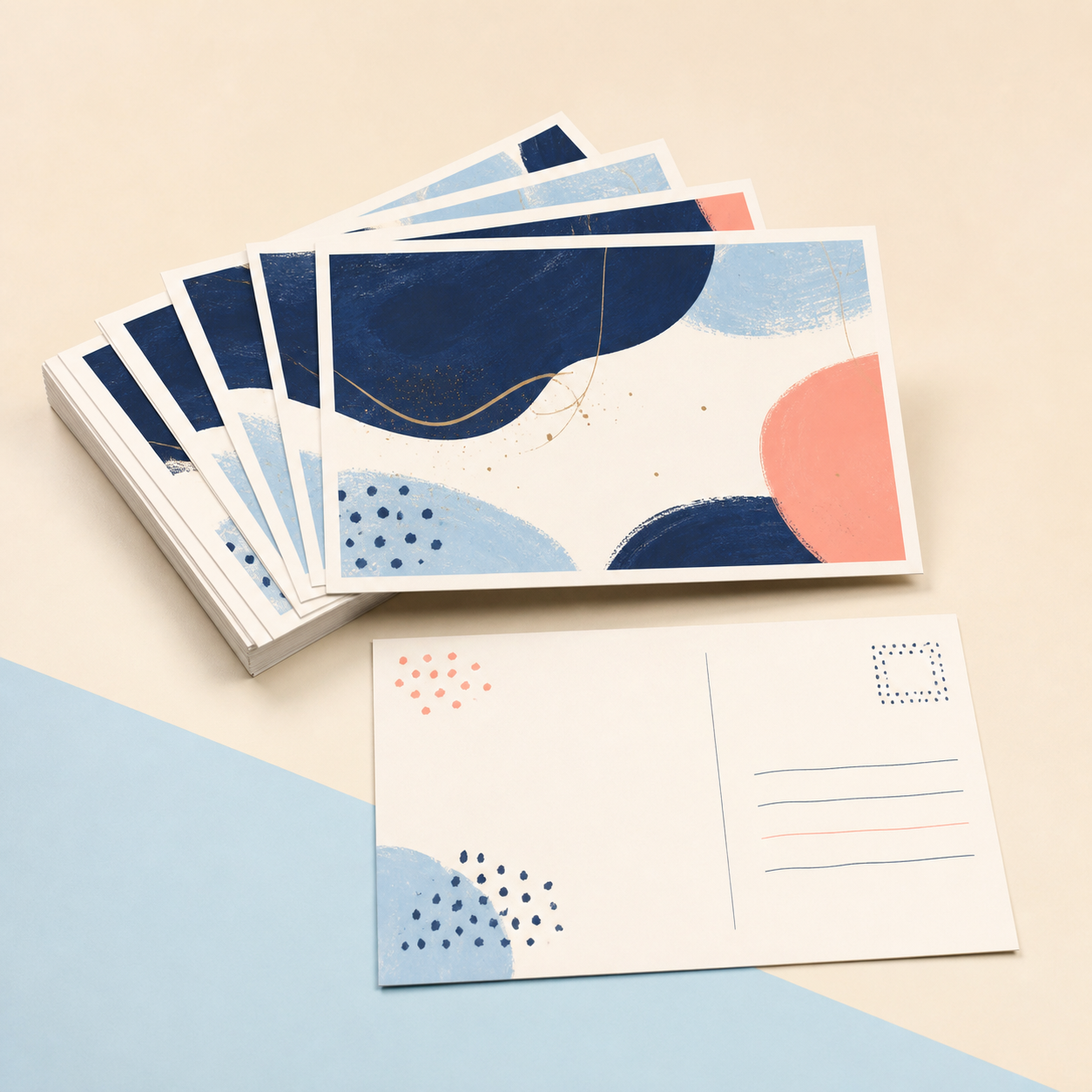 Custom postcards arranged to show coordinated printed fronts and a postcard back.