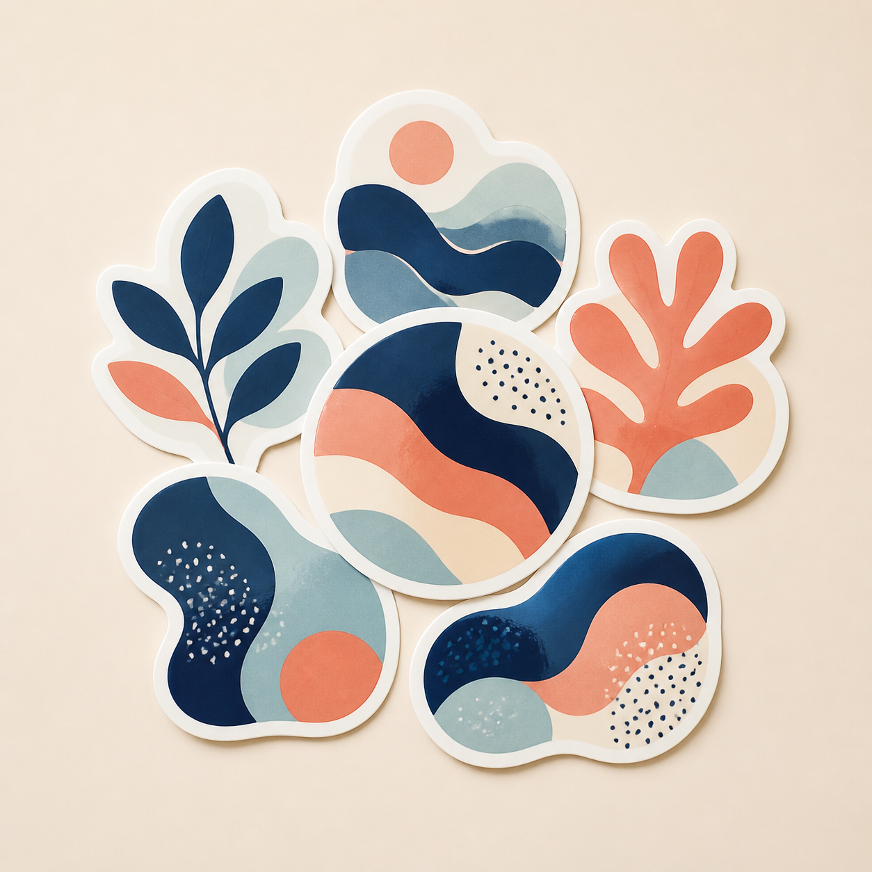A collection of custom die-cut stickers with clean white cut lines and abstract printed artwork.