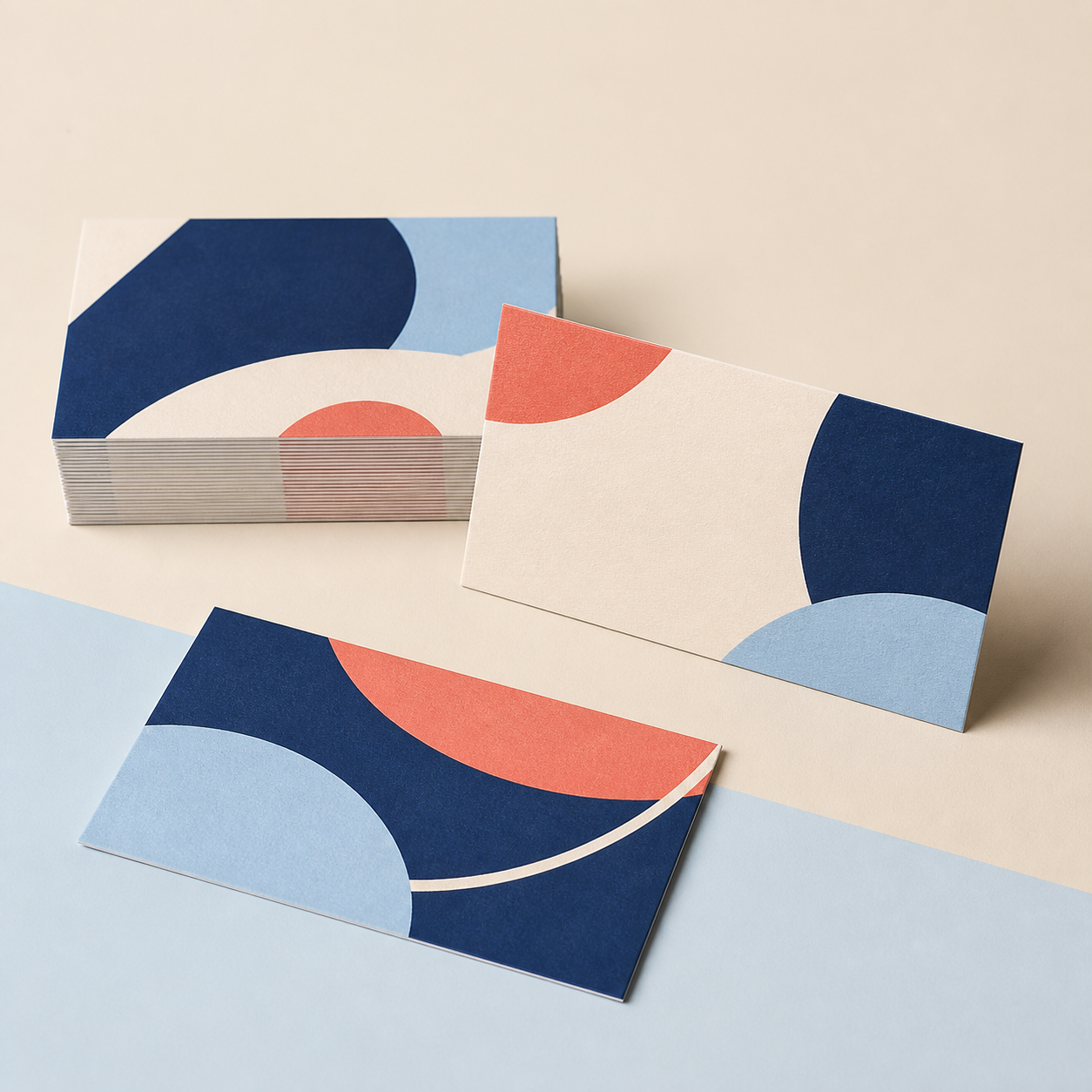 Custom standard business cards displayed as a printed stack with coordinated abstract artwork.