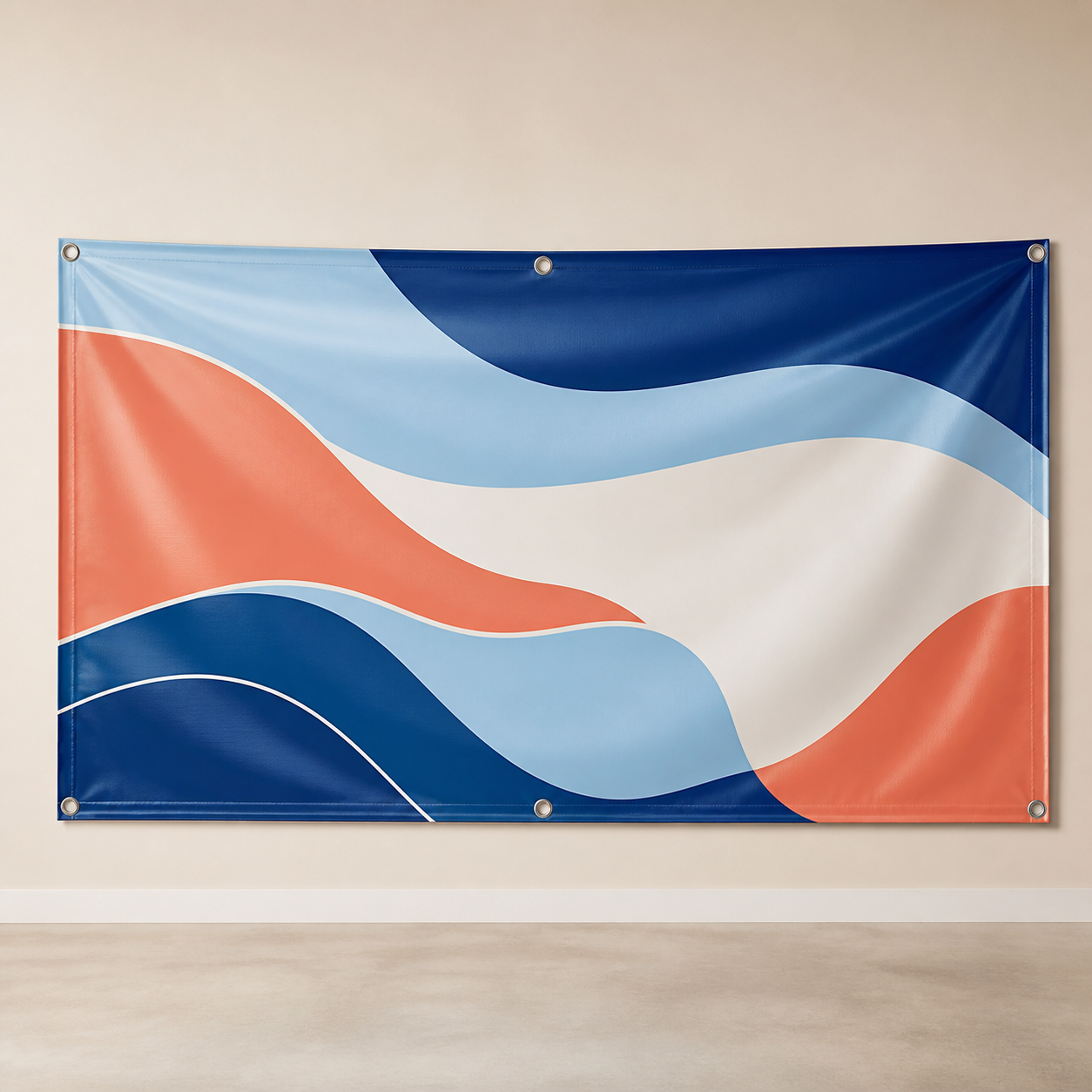 A custom printed vinyl banner displayed with reinforced edges and metal grommets.