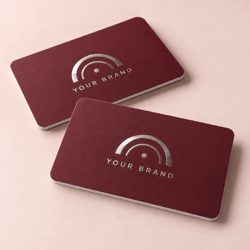 Illustrative mockup of rounded silver raised foil business cards